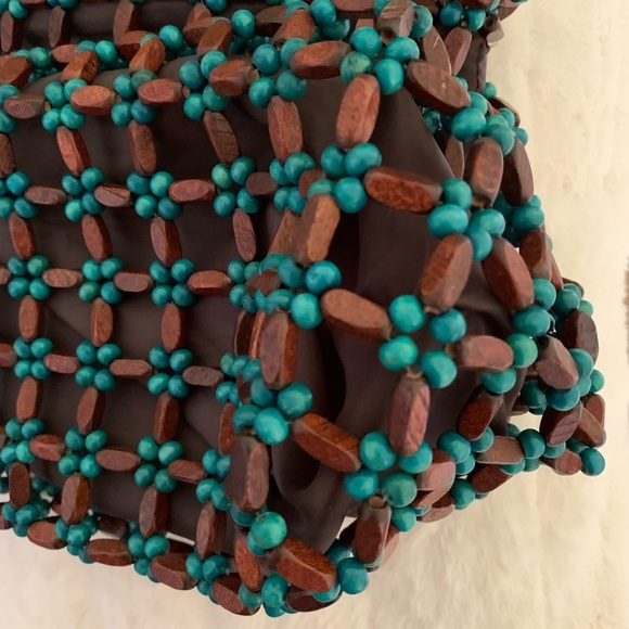 Wood Beaded Boho Bag Purse Brown Teal New - Picture 2 of 6